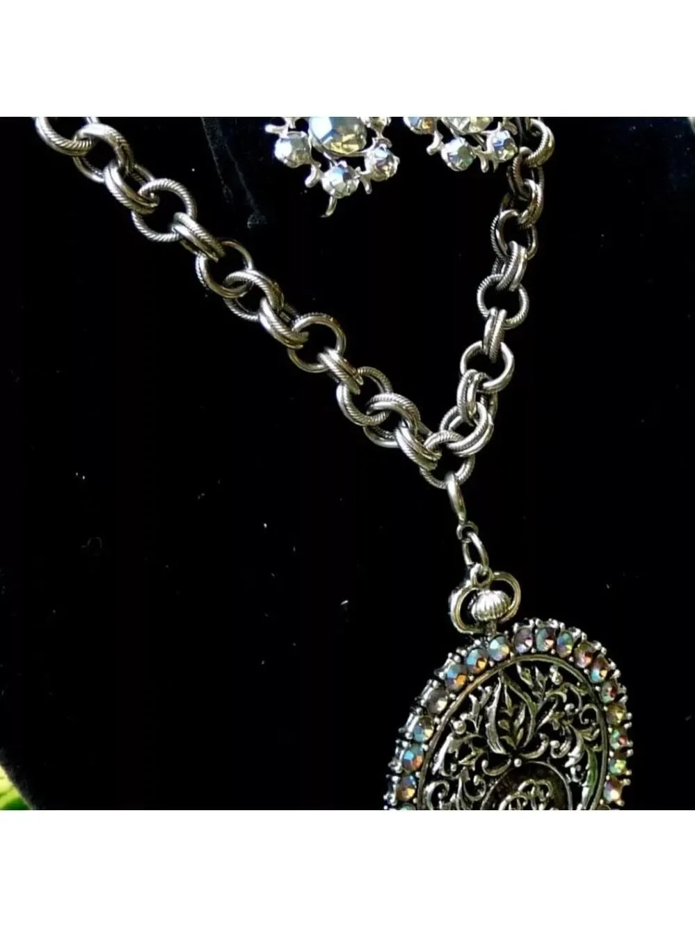 VTG JUDY LEE AB RHINESTONE POCKET WATCH DESIGN PENDANT NECKLACE EARRINGS LOT 20